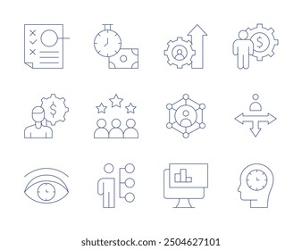 Iconos del administrador. Estilo de línea delgada, trazo editable. gerente de recursos humanos, negocios, gerente comunitario, análisis, evaluación, revisión, obligación, toma de decisiones, gestión de tiempo.