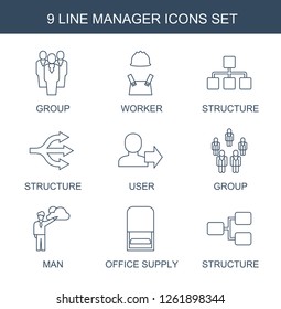 manager icons. Trendy 9 manager icons. Contain icons such as group, worker, structure, user, man, office supply. manager icon for web and mobile.
