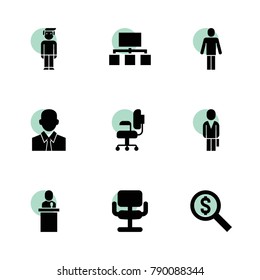 Manager icons. vector collection filled manager icons set.. includes symbols such as businessman, money search, speaker, chair, man. use for web, mobile and ui design.