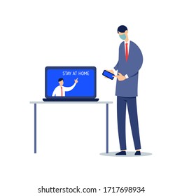 Manager informs employee via an Internet connection about need to work remotely. Businessman contacts the management by phone. Stay at home. Flat design isolated. Illustration on white background.
