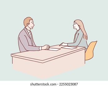 manager interview Smiling woman taking job applicant simple korean style illustration
