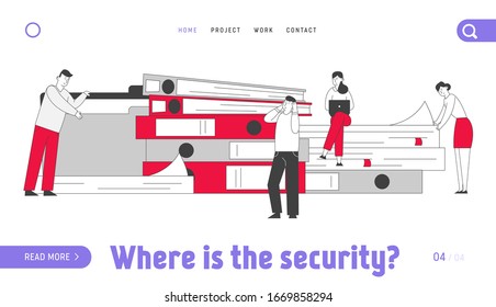 Manager Job Occupation, Deadline Landing Page Template. Men and Women with Huge Heap of Paper Documents. Business People Office Employees Characters Work in Very Busy Day. Linear Vector Illustration