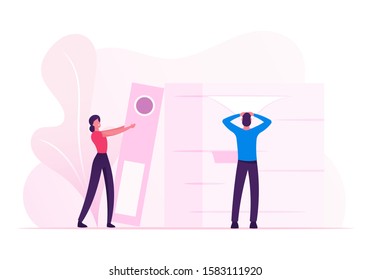 Manager Job Occupation, Deadline. Man and Woman with Huge Heap of Paper Documents. Business People Office Employees Work in Very Busy Day. Accounting Bureaucracy. Cartoon Flat Vector Illustration