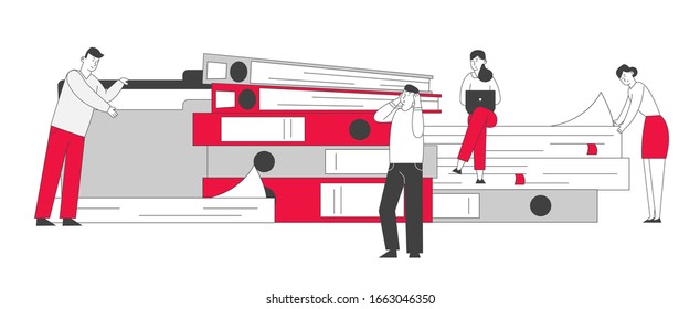 Manager Job Occupation, Deadline. Men Women with Huge Heap of Paper Documents. Business People Office Employees Work in Very Busy Day. Accounting Bureaucracy. Cartoon Flat Vector Illustration, Linear