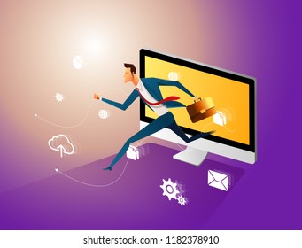 Manager jumping out of the computer, starting internet business. Business vector concept illustration.