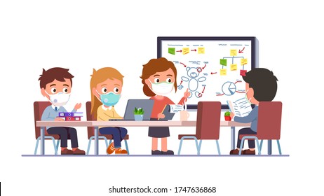 Manager Kids Team In Masks Meeting In Conference Room, Discussing Project Or Planning Using Charts On White Board. Business People Teamwork During Corona Virus Pandemic. Flat Vector Illustration