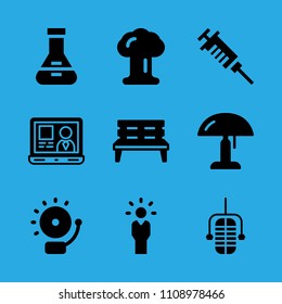 manager, lamp, bench, syringe, alarm, flask, laptop, explosion and microphone vector icon. Simple icons set