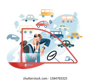 Manager late for work flat vector illustration. Male driver stuck in traffic jam cartoon character. Worker panics about rush hour trouble. Overpopulation and vehicles air pollution problem