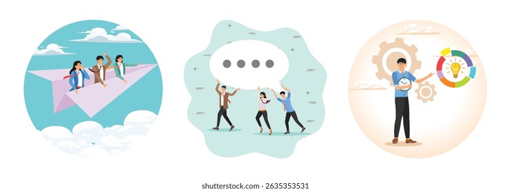 Manager lead business people employee on paper airplane origami. Three people creatively interacting and working together to share ideas . Businessman holding time clock with pie chart routine.