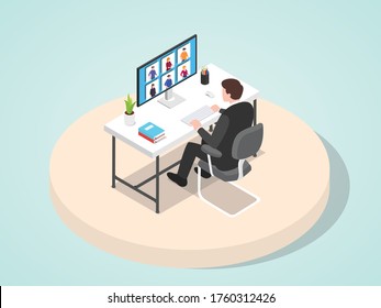Manager lead meeting work presentation his staff through video conference flat cartoon style vector illustration