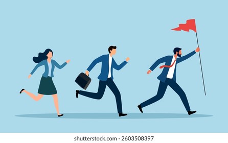 Manager lead team to success, motivation to win together, direction forward for future success, victory or triumph concept. Businessman leader holding winner flag leading to success.
