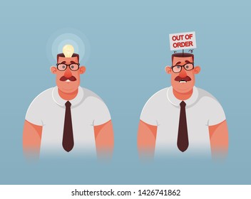 Manager with Light Bulb and Sign "Out of Order" Inside His Head. Cartoon Style. Vector Illustration