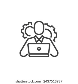 Icono de la línea IT Manager. signo de estilo lineal para concepto móvil y diseño web. Persona con portátil y engranajes contornean el icono del vector. Símbolo de gestión de TI, ilustración de logotipo. Gráficos vectoriales
