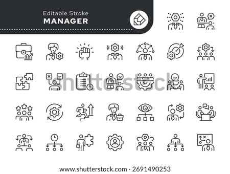 Manager line icon set. Employee, management, worker, working staff, team, teamwork, hiring, organization, development, coaching, planning. Outline icon in linear style. Vector collection.	
	

