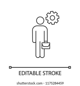 Manager linear icon. Businessman. Thin line illustration. Person with briefcase and cogwheel. Contour symbol. Vector isolated outline drawing. Editable stroke