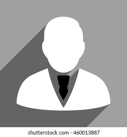 Manager long shadow vector icon. Style is a flat manager black and white iconic symbol on a gray square background.
