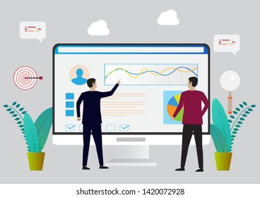 manager looking at chart of employee performance on wide monitor. Finance concept