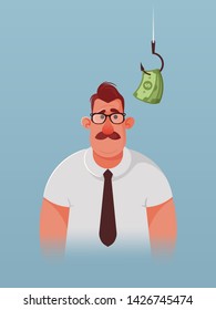 Manager Looking at the Money on Hook. Cartoon Style. Vector Illustration