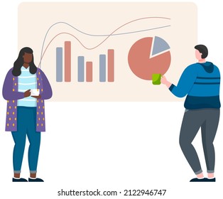 Manager makes presentation of statistical report analysis charts. Planning business. Teamwork consulting for project management, financial reporting and strategy. Data analysis research statistics