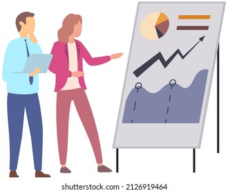 Manager makes presentation of statistical report analysis charts. Planning business. Teamwork consulting for project management, financial reporting and strategy. Data analysis research statistics