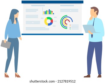 Manager makes presentation of statistical report analysis charts. Planning business. Teamwork consulting for project management, financial reporting and strategy. Data analysis research statistics