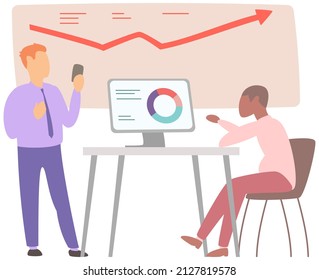 Manager makes presentation of statistical report analysis charts. Planning business. Teamwork consulting for project management, financial reporting and strategy. Data analysis research statistics