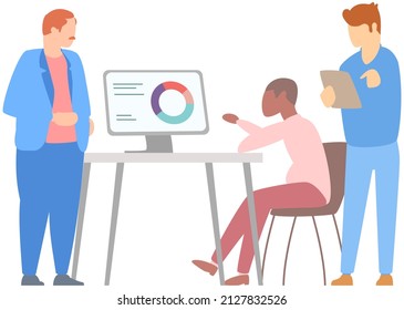 Manager makes presentation of statistical report analysis charts. Planning business. Teamwork consulting for project management, financial reporting and strategy. Data analysis research statistics
