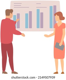 Manager makes presentation of statistical report analysis charts. Planning business. Teamwork consulting for project management, financial reporting and strategy. Data analysis research statistics