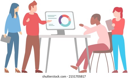 Manager makes presentation of statistical report analysis charts. Planning business. Teamwork consulting for project management, financial reporting and strategy. Data analysis research statistics