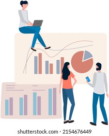 Manager makes presentation of statistical report analysis charts. Planning business. Teamwork consulting for project management, financial reporting and strategy. Data analysis research statistics