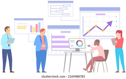 Manager makes presentation of statistical report analysis charts. Planning business. Teamwork consulting for project management, financial reporting and strategy. Data analysis research statistics