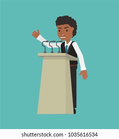 The manager makes a public speech at the pulpit. Vector illustration. Suitable for animation (individual elements)