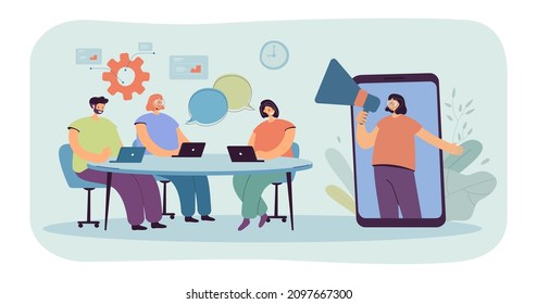 Manager making announcement to team of office workers via phone. Business people sitting at table with laptops flat vector illustration. Teamwork, management concept for banner or landing web page