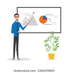 Manager Making Presentation Vector Illustration. Banker, Stock Broker, Finance Expert Analysing Graphs, Statistics on Board. Cartoon Analyst Presenting Report, Growth Rates Using Pointer.