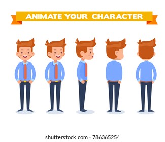 Manager man for animation. Front, side, back, 3/4 view character. Separate parts of body. Cartoon style, flat vector illustration.