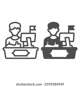 Manager man at desk monitor with flag line and solid icon, design recruitment concept. Vector graphics. Market worker, specialist sign on white background, outline style icon for mobile or web design