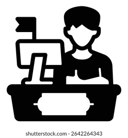 Manager man at desk monitor with flag solid icon, design recruitment concept. Vector graphics. Market worker, specialist sign on white background, style mobile or design