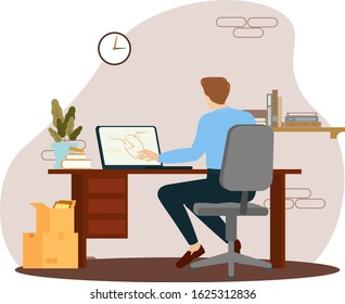 Manager man male office worker computer flat illustration vector work space sitting person type text laptop