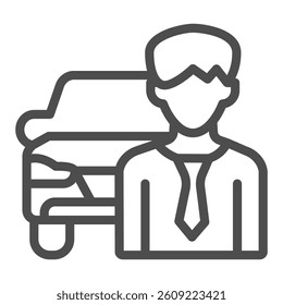 Manager man with new car model line icon, automobile sales concept. Vector graphics. Car vehicle and customer sign on white background, outline style icon for mobile or web design