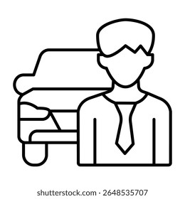 Manager man with new car model thin line icon, automobile sales concept. Vector graphics. Car vehicle and customer sign on white background, style mobile or design