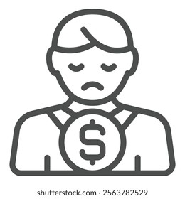 Manager man with sad face and dollar coin line icon, world sanctions concept. Vector graphics. Male person without job sign on white background, outline style icon for mobile or web design