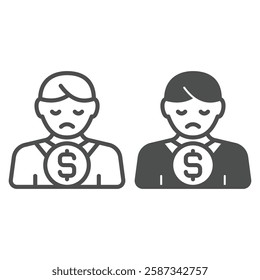 Manager man with sad face and dollar coin line and solid icon, world sanctions concept. Vector graphics. Male person without job sign on white background, outline style icon for mobile or web design