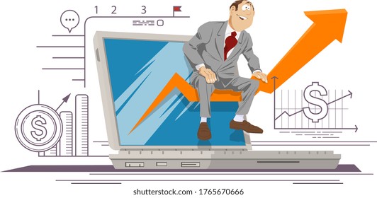 Manager man sitting on arrow out from a laptop screen. Career growth to success. Business analysis. Making profit. Searching web. 
