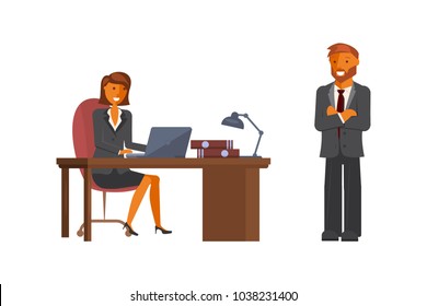 Manager man talking to a programmer woman sitting at the office desk writing code on computer in flat design isolated on white background. Vector illustration eps 10.