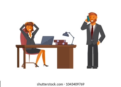 Manager man talking to a programmer woman sitting at the office desk writing code on computer in flat design isolated on white background. Vector illustration eps 10.