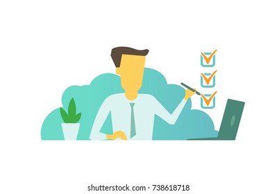 Manager marks checkbox ticked cases sitting at the table. successfully completed tasks Labor everyday life