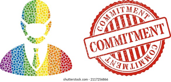 Manager mask collage icon of round dots in various sizes and rainbow colored color tints. Red round distress seal stamp with Commitment text. A dotted LGBT- colored manager mask for lesbians, gays,