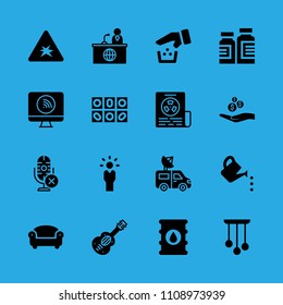 manager, medicine, newspaper, explosive, watering can, chandelier, alms, television and microphone vector icon. Simple icons set
