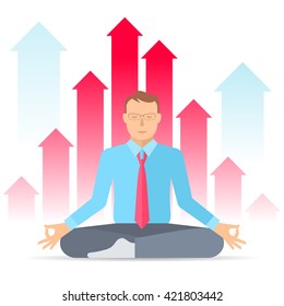 Manager meditates at work in the lotus pose on the increasing graphs background. Flat vector concept illustration of meditation. Business infographic element for web, presentation, social networks.