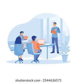 El gerente se reúne con el cliente en la sala de reuniones. Discutir estrategias de marketing. Lanzamiento del concepto de campaña publicitaria. Ilustración vectorial plana.